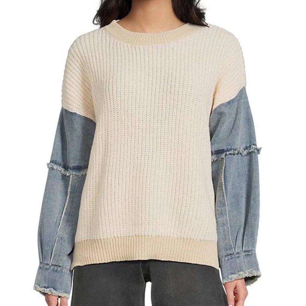 Shop Neighbor Cream/Beige Mixed Media Sweater with Denim Sleeves Size M